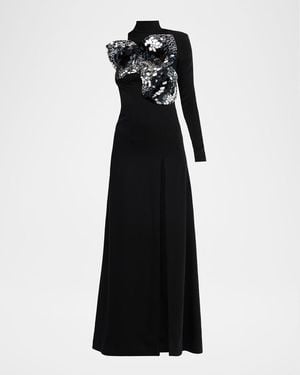Area Embroidered Ombre Flower Asymmetric Long-Sleeve Gown - Black