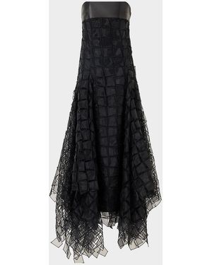 Akris Strapless Trapezoid Embroidered Organza Fringe Maxi Dress - Blue