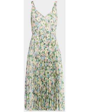 Vince Pleated Painted Garden V-Neck Midi Dress - Green