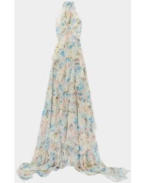 McQueen Pleated Floral Silk Georgette Halter Evening Dress - White