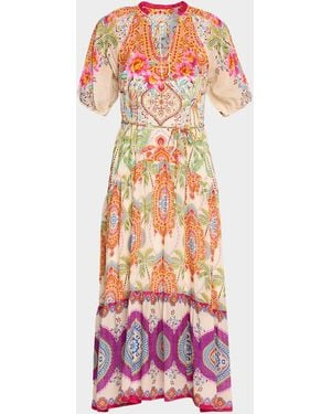 Johnny Was Rusi Tiered Botanical-Print Midi Dress - Pink