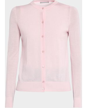 Neiman Marcus Superfine Cashmere Crewneck Cardigan - Pink