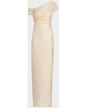 THEIA Zara One-Shoulder Metallic Jacquard Column Gown - Natural