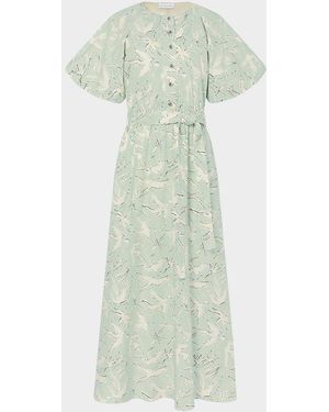 Altuzarra Paulina Dove-Print Cotton Puff-Sleeve Belted Midi Dress - Green