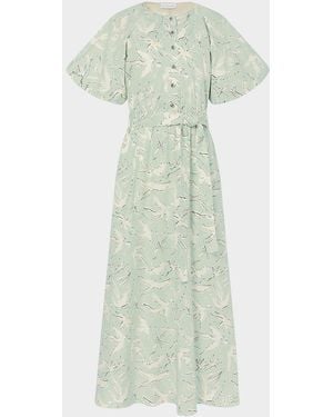 Altuzarra Paulina Dove-Print Cotton Puff-Sleeve Belted Midi Dress - Green