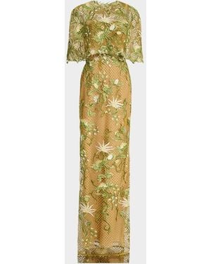 Marchesa Floral-Embroidered Capelet Column Gown - Metallic