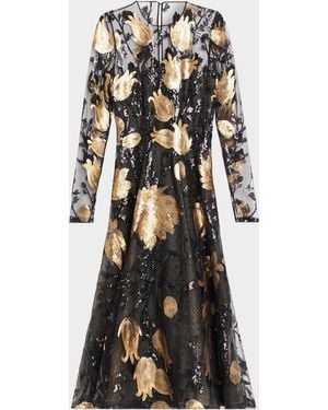 Naeem Khan Long-Sleeve Sequined Illusion Midi Dress - Multicolor