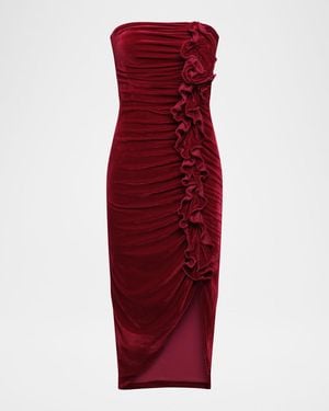 BCBGMAXAZRIA Strapless Velvet Ruffle Midi Dress - Red