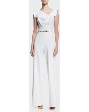 Black Halo Jackie Cap-Sleeve Belted Wide-Leg Jumpsuit - White