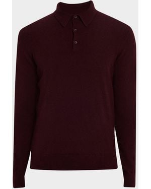 Neiman Marcus Cashmere Long-Sleeve Polo Sweater - Red