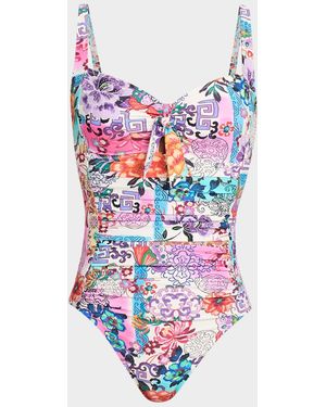 Johnny Was Kaleidoscope Patchwork Ruched One-Piece Swimsuit - White
