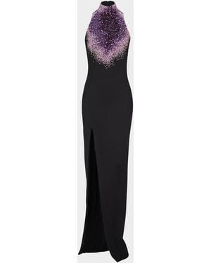 Balmain Sleeveless Amethyst Embroidered Milano Jersey Slit Gown - Blue