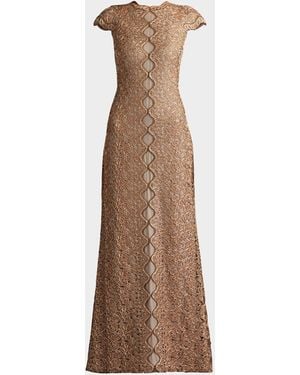 Tadashi Shoji Cap-Sleeve A-Line Floral Lace Gown - Natural