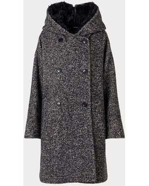 Akris Lamb Shearling Collar Double-Breasted Wool Herringbone Coat - Gray