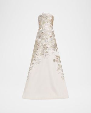 Teri Jon Strapless Metallic Jacquard Gown - White