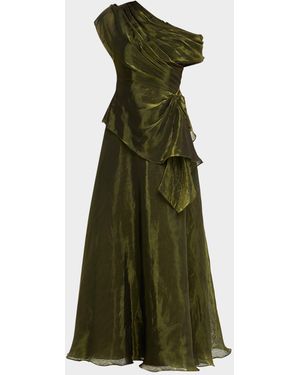 THEIA Avalina Draped Organza Lame Peplum Gown - Green