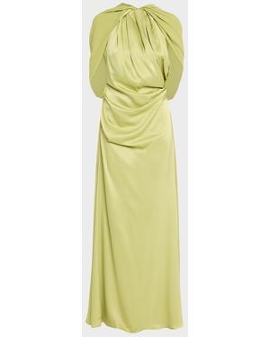 Rachel Gilbert Hallie Draped Satin Cape-Sleeve Gown - Green