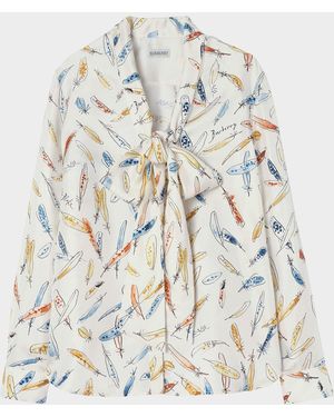 Burberry Rhiannon Feather-Print Silk Neck-Scarf Blouse - White