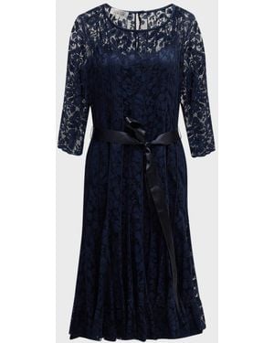 Teri Jon 3/4-Sleeve Lace Overlay Cocktail Dress - Blue