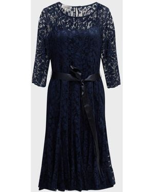 Teri Jon 3/4-Sleeve Lace Overlay Cocktail Dress - Blue