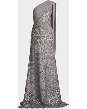 Tadashi Shoji Draped One-Shoulder Sequin Gown - Gray