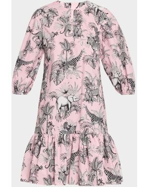 Maison Common African-Print Cotton Puff-Sleeve Shift Dress - Pink