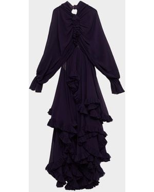 McQueen Draped Open-Back Ruffle Cape Gown - Blue