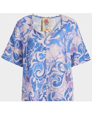Johnny Was Botanical-Print Linen Blouse - Blue