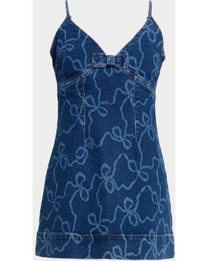 LoveShackFancy Solina Denim Bow Mini Dress - Blue