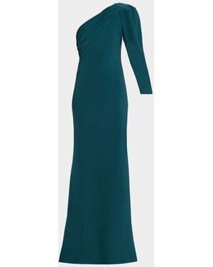 Badgley Mischka One-Shoulder Draped Mermaid Gown - Blue