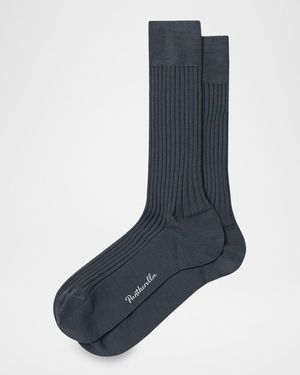 Pantherella Laburnum Ribbed Wool Mid-Calf Socks - Blue