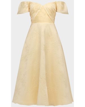THEIA Mel Off-Shoulder Jacquard Midi Dress - Natural