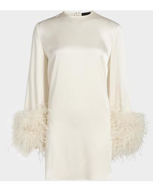 LAPOINTE Feather-Embellished Long-Sleeve Satin Mini Shift Dress - Natural