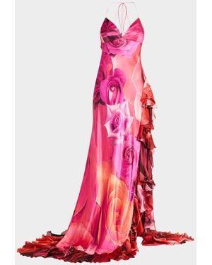Roberto Cavalli Rose-Print Ruffle Slit Halter Gown - Pink