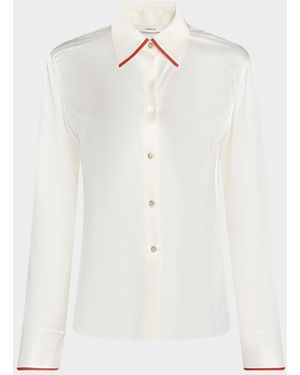 Vince Tipped Slim Silk Long-Sleeve Blouse - White