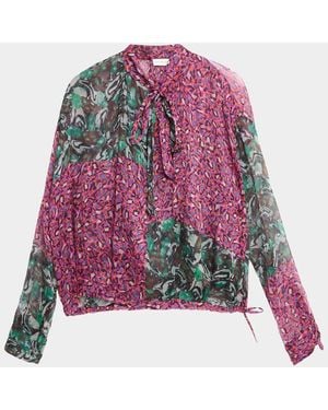 Dries Van Noten Patchwork-Print Silk Plisse Neck-Scarf Bubble Blouse - Pink