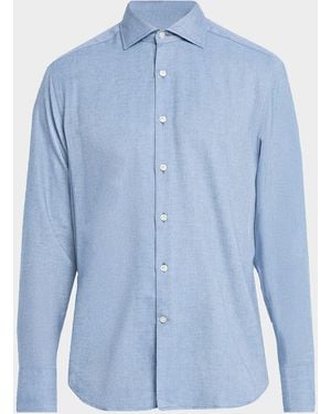 Neiman Marcus Cotton Micro-Herringbone Button-Down Shirt - Blue