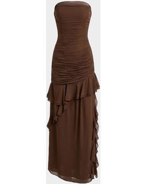 Nicholas Viola Ruched Ruffles Strapless Maxi Dress - Brown