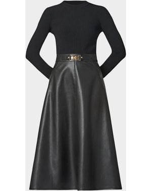 Shoshanna Paige Rib Knit & Faux Leather Midi Dress - Black