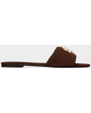 Tory Burch Eleanor Double T Logo Suede Flat Sandals - Brown