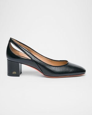 Santoni Cut-Out Mixed Leather Block Heel Pumps - Blue