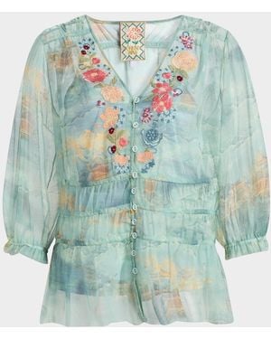 Johnny Was Mazzy Embroidered Blouse - Blue