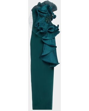Badgley Mischka Satin Floral Strapless Column Gown - Green