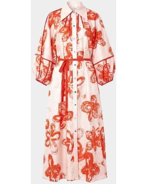 LOVEBIRDS Aster Printed Silk Tie-Waist Midi Shirtdress - Red