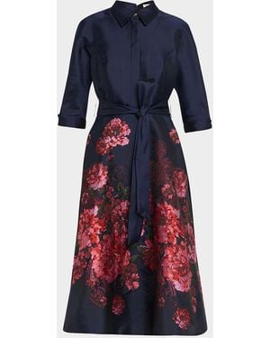 Teri Jon Floral Paisley Jacquard Midi Shirtdress - Blue
