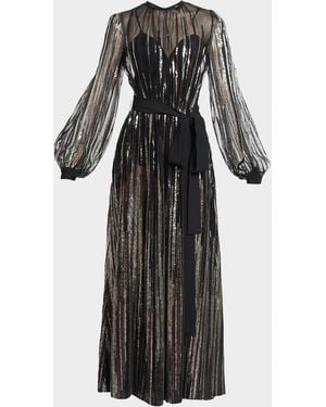Elie Saab Sequin Embroidered Tulle Long-Sleeve Maxi Dress - Black