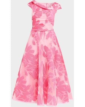 Talbot Runhof Floral Fil Coupe Cap-Sleeve Midi Cocktail Dress - Pink