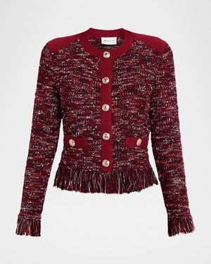 MILLY Kelly Fringed Tweed Knit Cardigan Jacket - Red