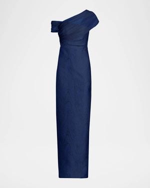 THEIA Zara One-Shoulder Metallic Jacquard Column Gown - Blue