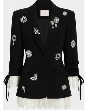 Cinq À Sept Roxie Crystal Brooch Blazer With Lace Trim - Black